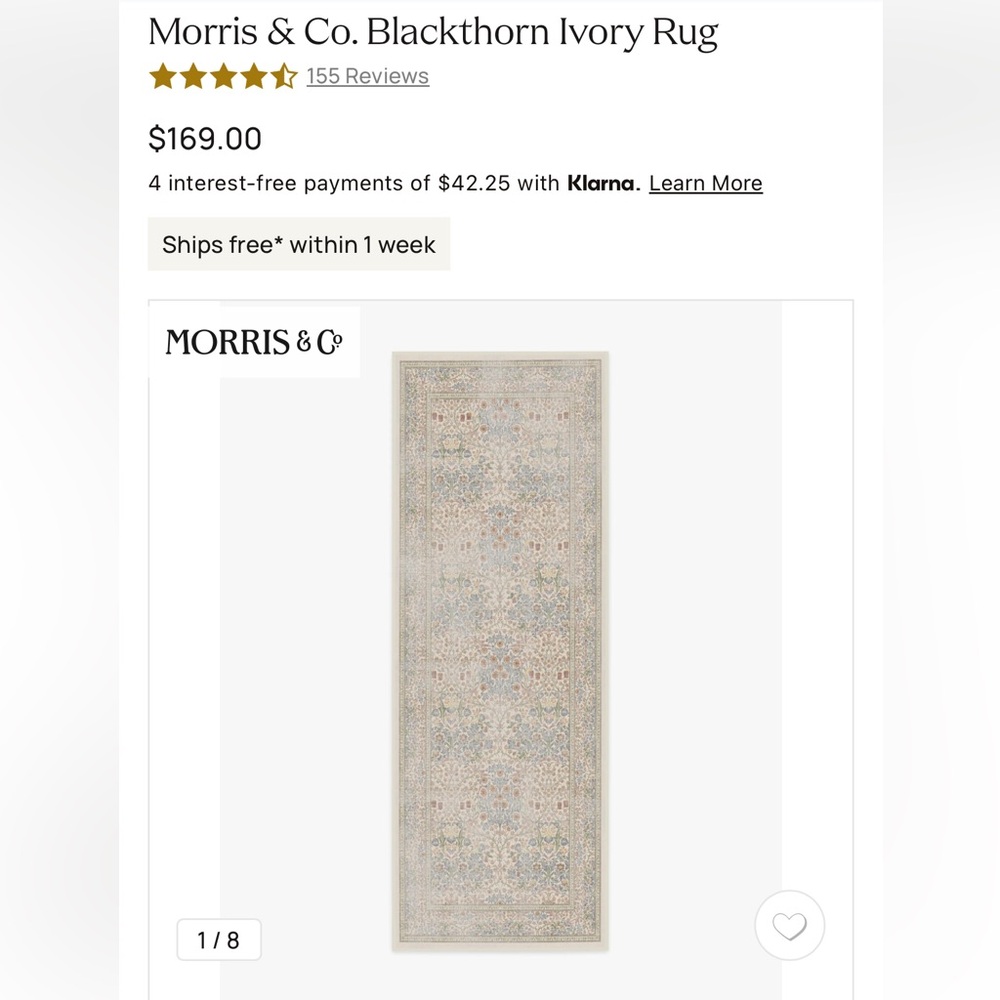 Ruggable Morris & Co. Blackthorn Ivory 2.5’x7’ Runner Rug COVER ONLY